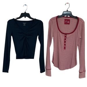 2 New American Eagle Aerie Small Long Sleeve Striped Ribbed Henley Button Tops